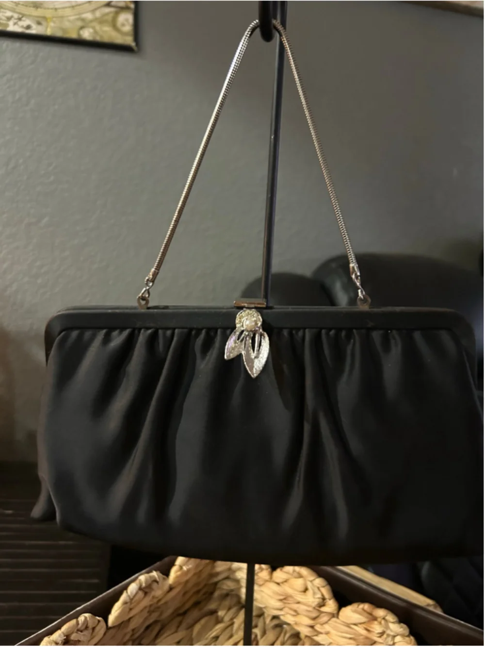Women's Unbranded Black Satin Clutch with Silver Chain, One Size